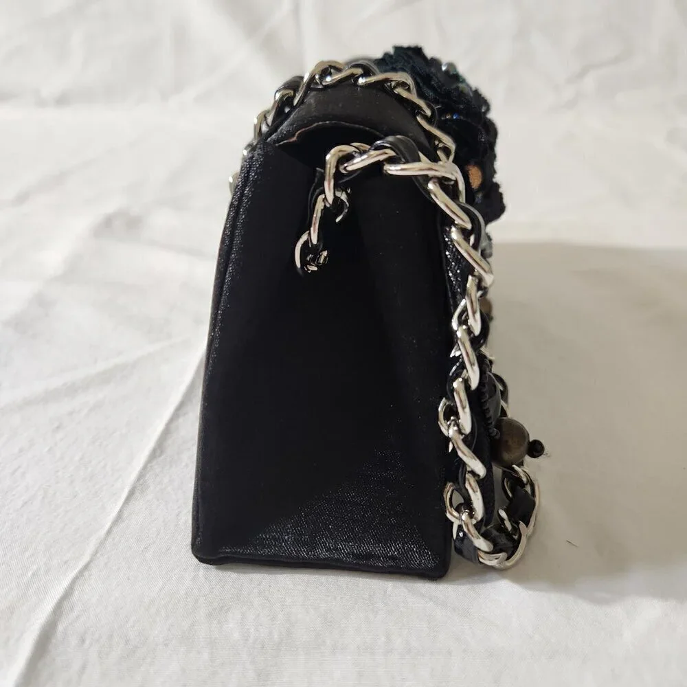 Women Vintage Small Black Satin Beaded Evening Shoulder Clutch Bag Formal Party